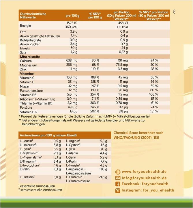 Valeurs nutritives et ingrédients For You eiweiss power vanille (1 x, 750 g)