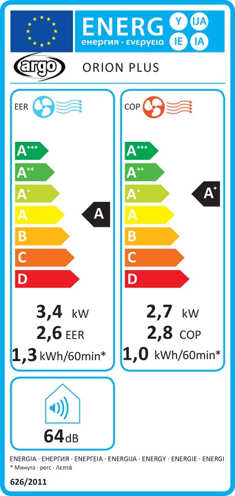 Label énergétique Argo Climatiseur Orion Plus (30 m², 9212.78 BTU/h)