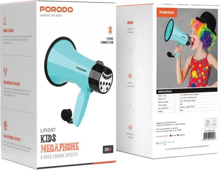 Actual product image Porodo Lifestyle 30W Siren Bluetooth Recorder Megaphone with 6 Voice Modes - Sky Bl (Megaphone)