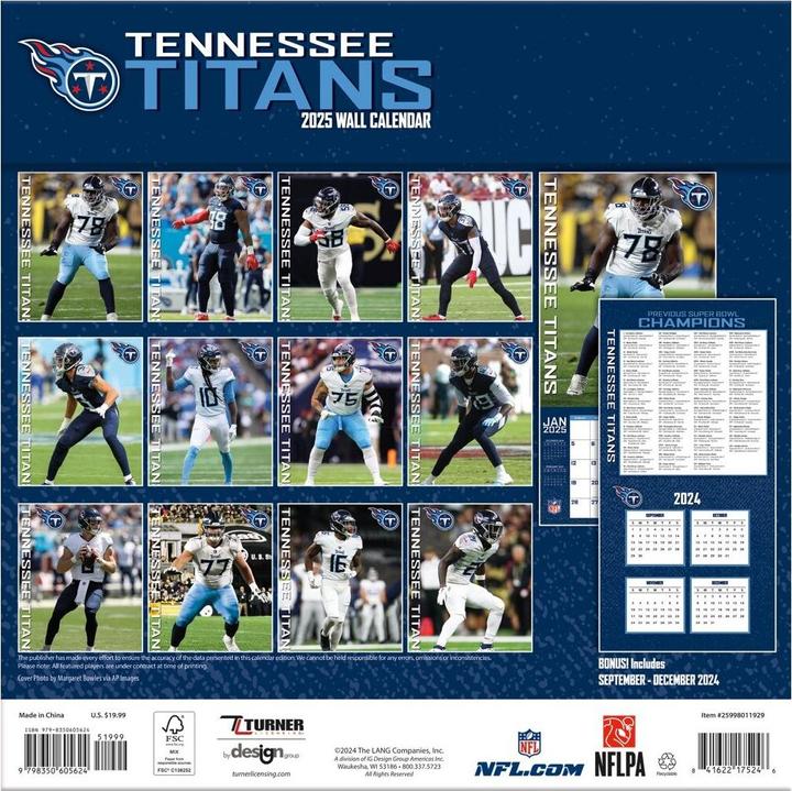 Actual product image NFL - Tennessee Titans - 30.5 x 30.5 cm team wall calendar 2025 (30.5 x 30.5 cm, French, Italian, Spanish, German, English)