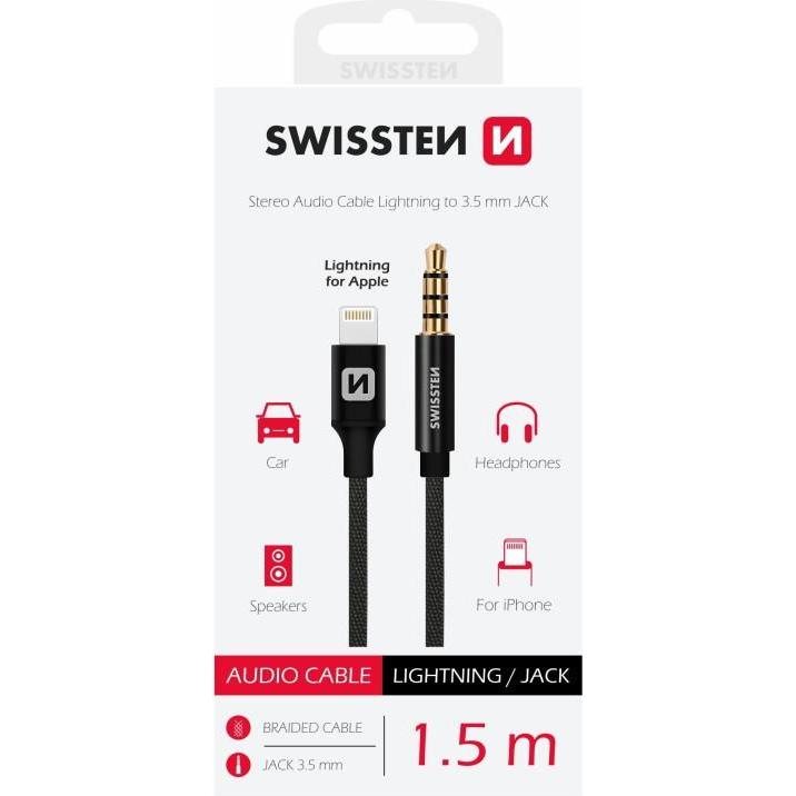 Thumbnail - Swissten Textile Audio Adapteris Lightning / 3 / (N-Anschluss, Lightning), Mobilgerät Adapter, Schwarz