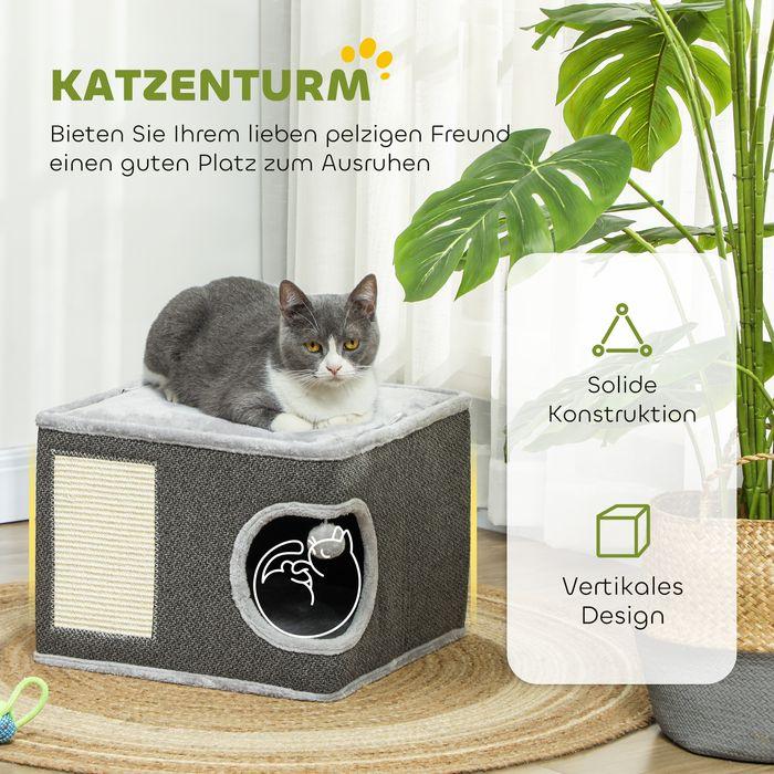 Produktbild Swisshandel24 Kratztonne, 35 cm hoch Katzentonne mit Höhle, Kratzbaum für Katze bis 6 kg (35 cm, Dunkelgrau+ Cremeweiss)