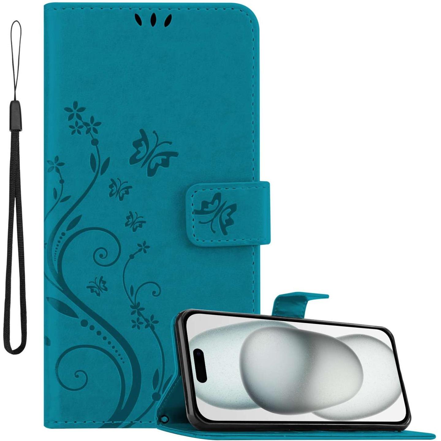 Cadorabo Hülle für Apple iPhone 15 mit Blumen Muster (Apple iPhone 15), Smartphone Hülle, Blau