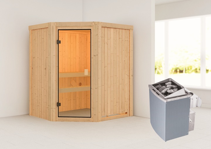Actual product image Woodfeeling Sauna Faurin corner entry (4,5 kW internal control)