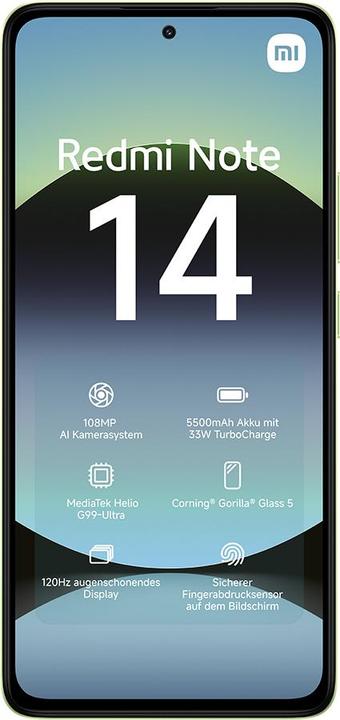 Actual product image Xiaomi Redmi Note 14 (128 GB, Lime Green, 6.67", Hybrid Dual SIM, 108 Mpx, 4G)