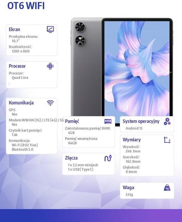 Produktbild Oukitel Tablet OT6 Wifi 4/64GB Grey 8000 mAh 10W (4G, 10.10", 64 GB, Grau)