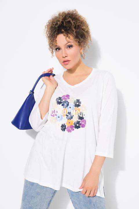 Produktbild Ulla Popken Shirt, Blüten, Classic, V-Ausschnitt, 3/4-Arm (50, 52)