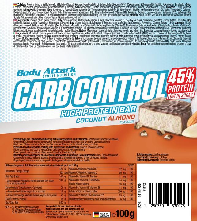 Nährwerte und Zutaten Body Attack Carb Control (15x100g Riegel) (Coconut, Mandel, Kokosnuss, 1 Stk.)