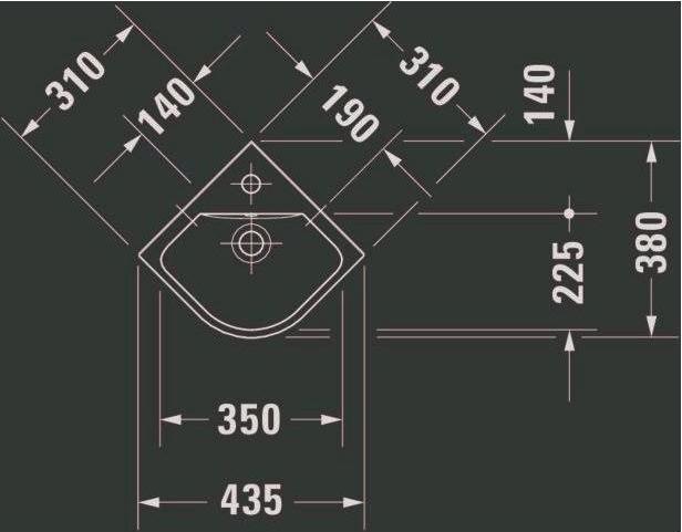 Actual product image Duravit Corner hand-rinse basin ME by Starck m ÜL m HLB 435x380mm 1 tap hole white WG (380 mm, 435 mm)