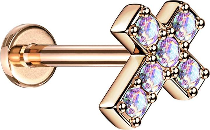 Actual product image Star Piercing Micro Labret internal thread rosegold cross with crystal multicolour (without brass, Surgical steel 316L)