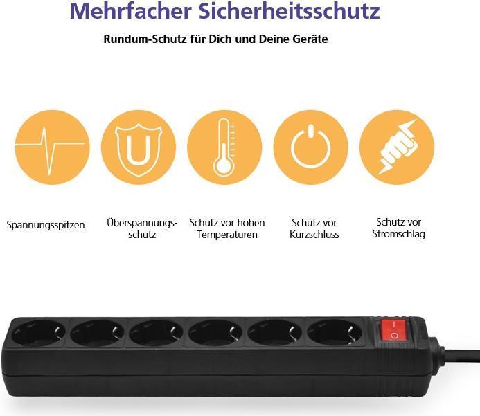Actual product image Helos CLASSIC socket strip, 6-way, black, 1.5m, with switch (6x, Type 13, 1.50 m)