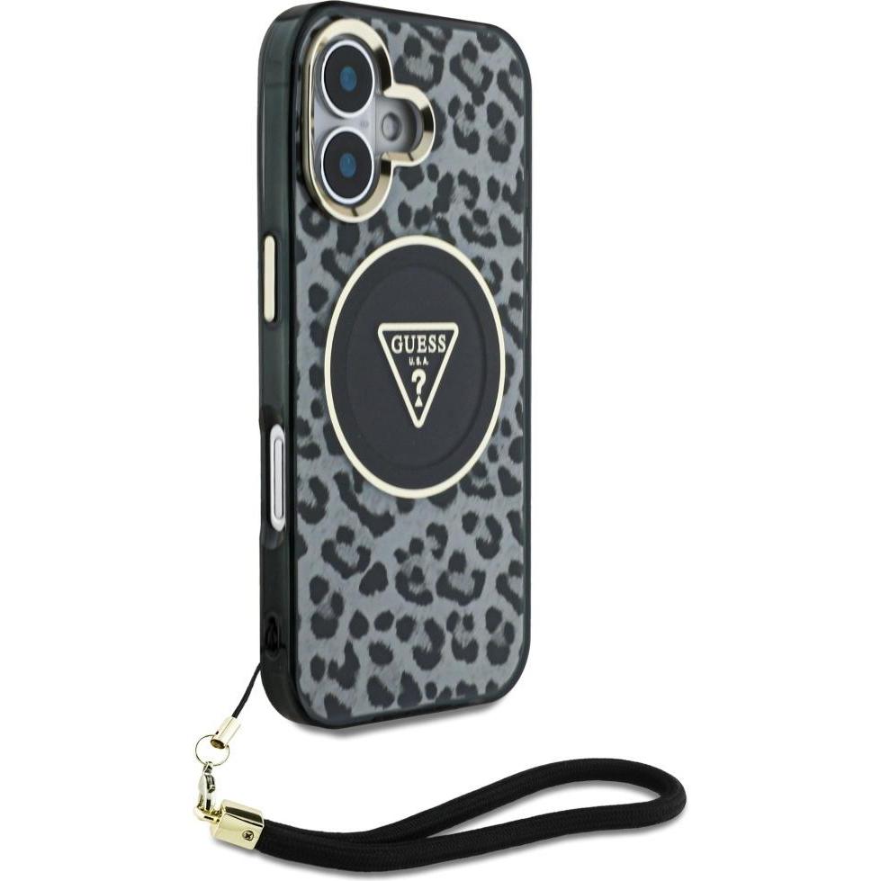 Guess HC IML Leopard Triangle Cord Strap MagSafe case for iPhone 16 - black, Tastenhandy