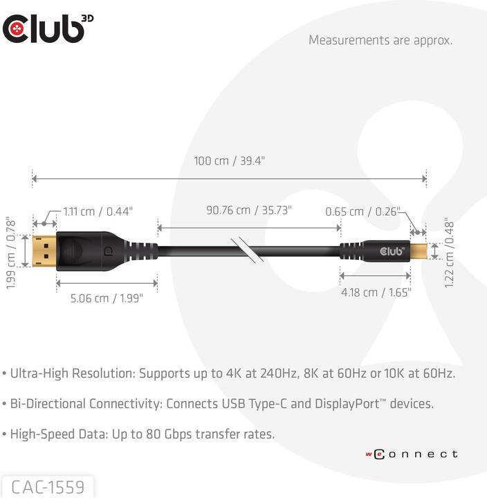 Produktbild Club 3D USB Typ C – DisplayPort (1 m, DisplayPort, USB Typ C)