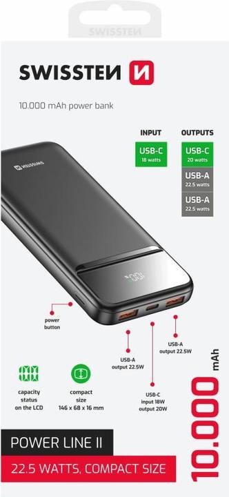 Actual product image Swissten Power Bank 10000 Mah Power Line II Black (10000 mAh, 22.50 W)