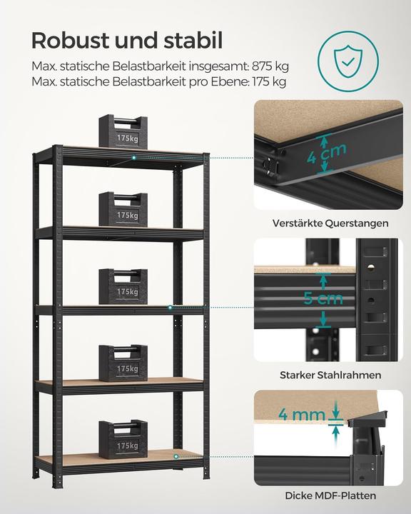 Immagine prodotto Songmics Schwerlastregale Stahlgestell Verstellbare Ablagen, 40 x 90 x 180 cm, Schwarz