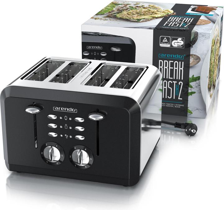 Produktbild Arendo Edelstahl Toaster 4 Scheiben, Automatik, Edelstahl, Wärmeisolierendes Doppelwandgehäuse, schwarz