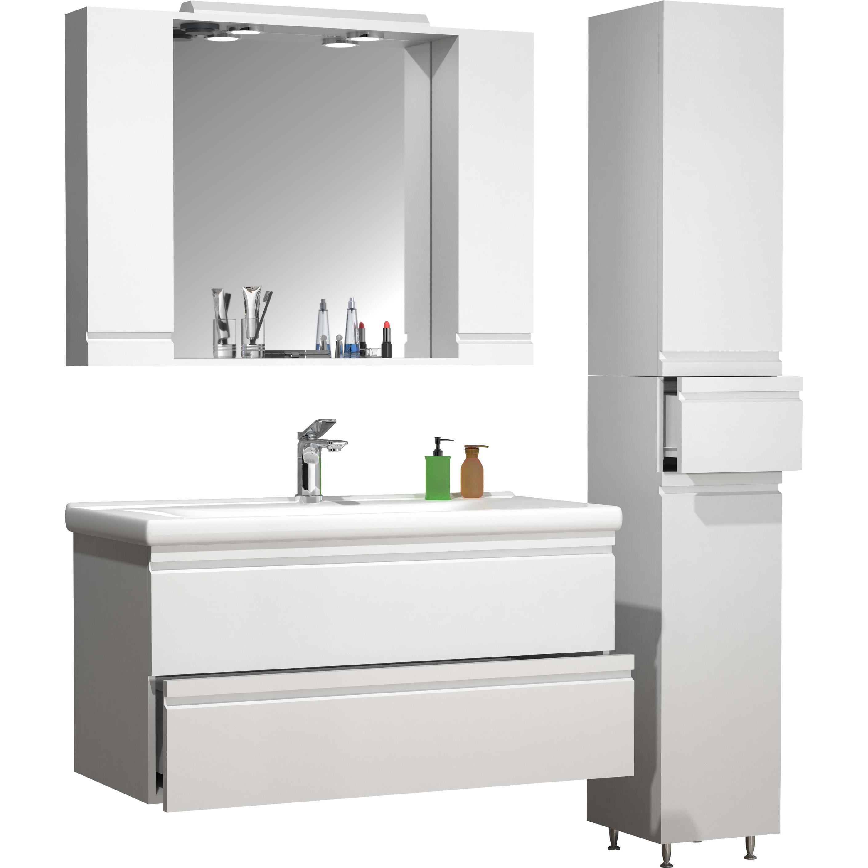 VCM, Badmöbelset, 4-tlg. Waschplatz Waschtisch 100 cm Badmöbel Set Waschbecken grifflose Schublade Spiegelschrank