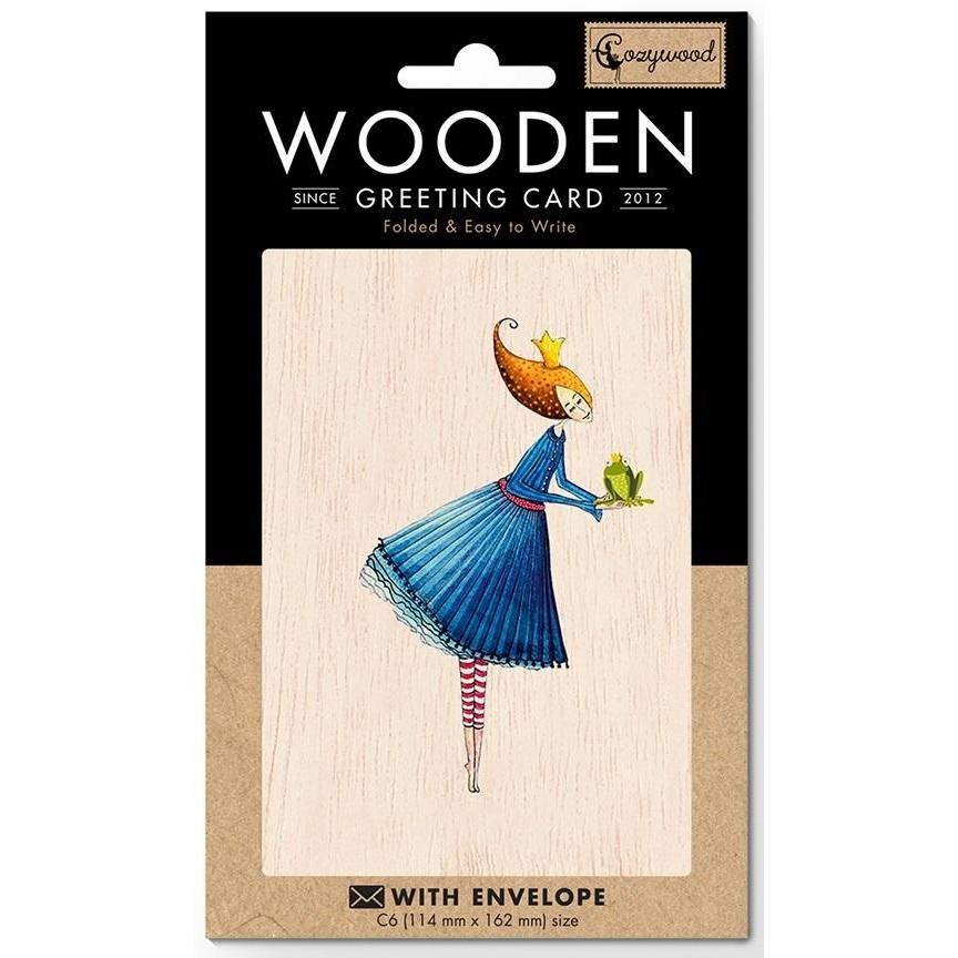 Cozywood, Biglietto di auguri + Carta da lettere, Holzkarte C6 + Umschlag Frau mit Frosch