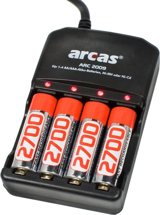Arcas Ladegerät inkl. 4 NiMH Mignon-Akkus 2700 mAh (4 Stk., AA, AAA, 2700 mAh, Ladegerät inkl. Akku)