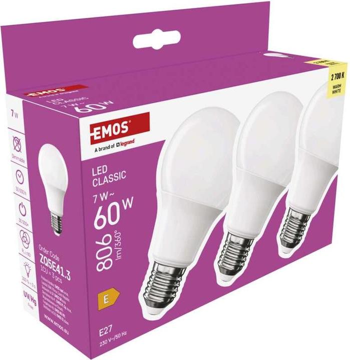 Image du produit Emos Lampe LED Classic A60 / E27 / 7 W (60 W) / 806 lm / Blanc chaud (E27, 7 W, 806 lm, 3 x, E)
