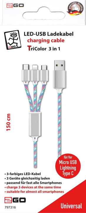 Produktbild 2GO 797316 USB Kabel USB B USB C/Micro-USB B/Lightning Mehrfarbig (1.50 m, USB 2.0)