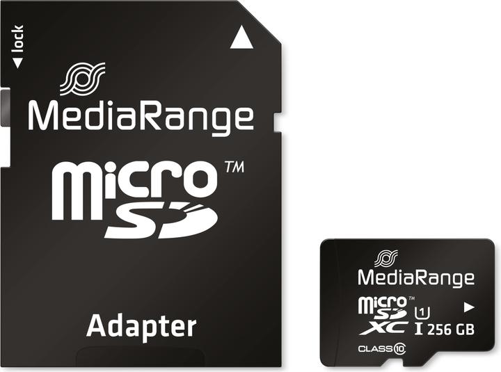 Image du produit MediaRange Carte SD MicroSD UHS-1 Cl.10 avec adaptateur (256 Go, microSDXC, U1, UHS-I)