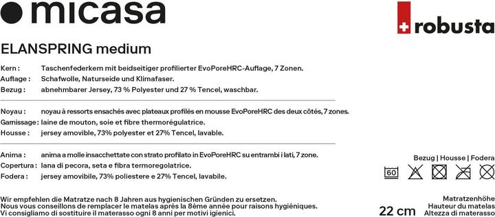 Valori nutrizionali e ingredienti Robusta Swiss Bedding Elanspring (120 x 200 cm, Nucleo della molla)