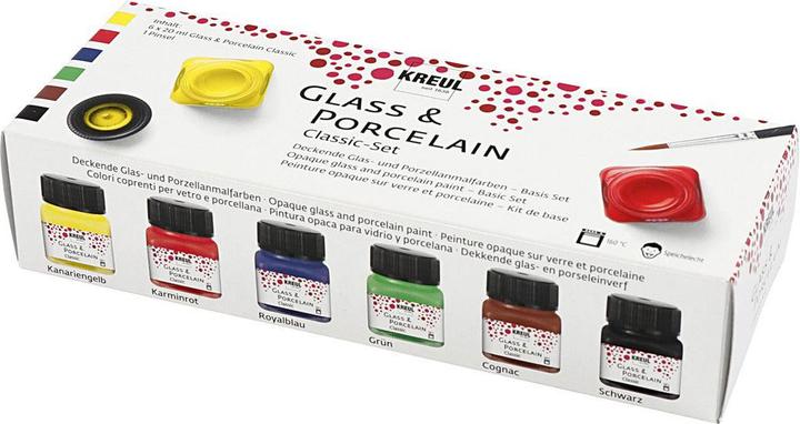 Produktbild Kreul Glass & Porcelain Classic Set (Grün, Schwarz, Cognac, Royalblau, Karminrot, Kanariengelb, 120 ml)
