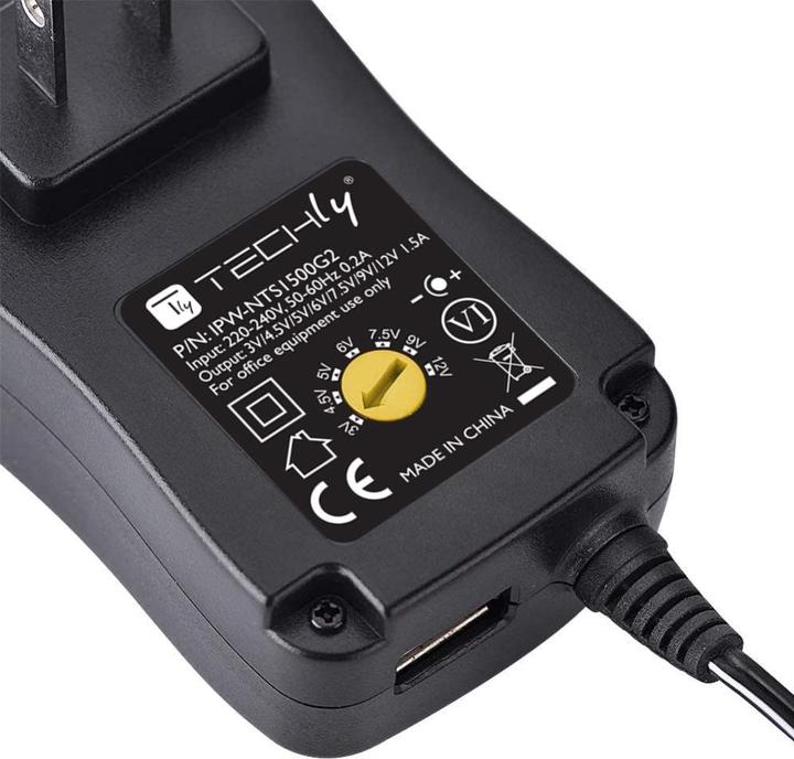 Actual product image Techly Adjustable universal power supply 18W AC/DC 3V-12V with 6 DC plugs 1A USB connection
