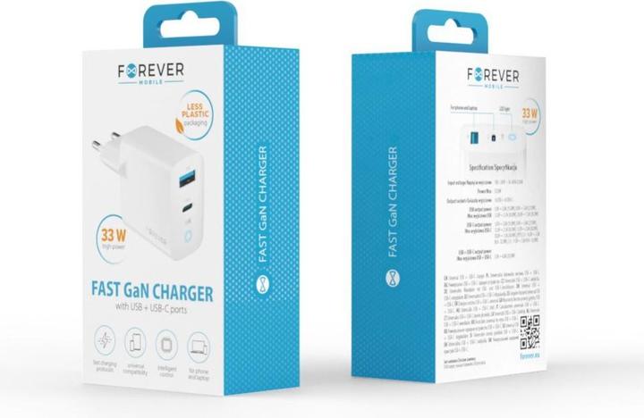 Actual product image Forever TC-06-33AC GaN PD QC charger 1x USB-C 1x USB 33W white (33 W, 2 ports)