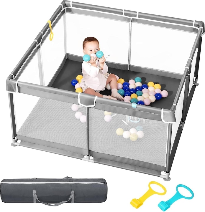 Produktbild Milkii Laufgitter/ Laufstall mit Aufbewahrungstasche, Grau (127 x 127 cm) (127 cm, 127 cm)