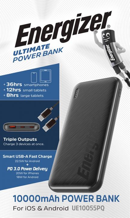 Actual product image Energizer UE10055PQ Powerbank schwarz / 10000mAh / 22,5W (20W) / 5V / 3A / 2x USB-C 1x USB-A (10000 mAh, 22.50 W, 37 Wh)