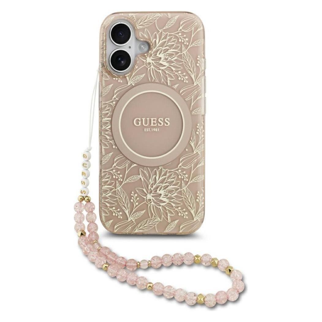 Guess Case Magsafe Iml Case Flowers Electroplated Allover With Beads Strap For IPhone 17 Pink (Apple IPhone 17), Smartphone Hülle, Pink