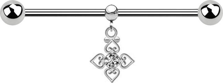 Produktbild Star Piercing Barbell silber zwei Kugeln mit Kugel Ring Anhänger Kristall silber vier filigrane Herzen (Chirurgenstahl 316L)