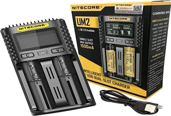 Actual product image Nitecore UM2 USB charger (1 pcs., 14500, 16340, 18650, 26650, Chargers without battery)