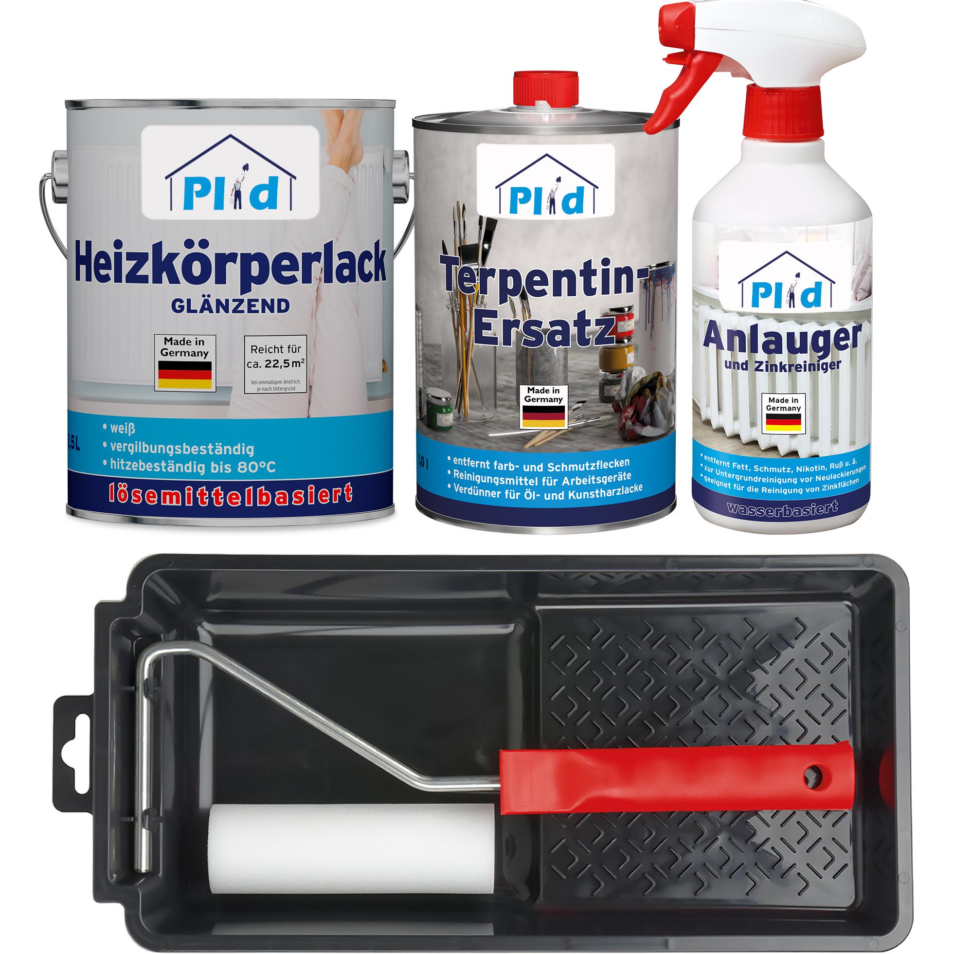 Plid, Lack, Heizkörperlack Set 2,5L Weiss Glänzend + Lackierset, Anlauger, Terpentinersatz (Weiss, 2.50 l)