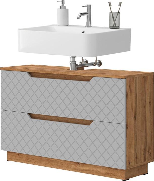 Actual product image Vicco Waschbeckenunterschrank Lotta, Eiche/Grau mit Kachelstruktur, 99.4 x 62.5 cm mit 2 Schubladen (99.40 x 32 x 62.50 cm)