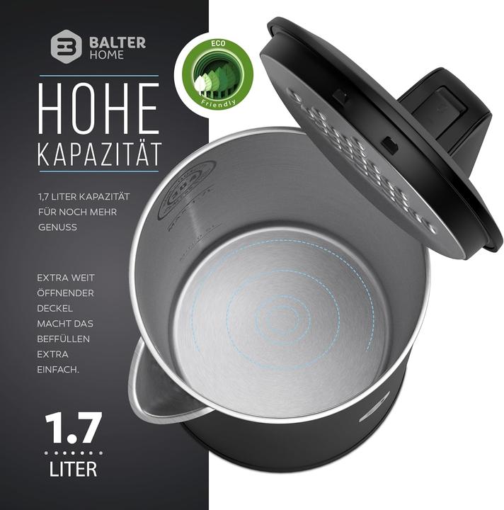Produktbild Balter Wasserkocher 1,7 L, Edelstahl, 2200 W – kabellos, Kalkfilter, Cool-Touch-Griff, Schwarz (1.70 l)