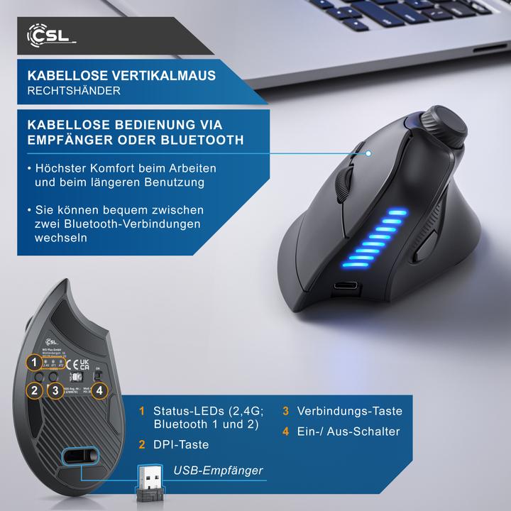 Actual product image CSL Wireless vertical mouse, 2.4 GHz wireless & BT4.0, 250 dpi, against mouse arm / tennis elbow (Wireless)