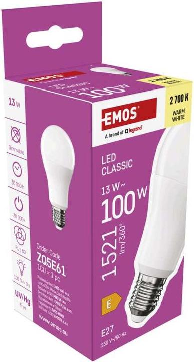 Image du produit Emos Lampe LED Classic A60 / E27 / 13 W (100 W) / 1521 lm / Blanc chaud (E27, 13 W, 1521 lm, 1 x, E)