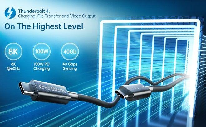 Actual product image Choetech USB-C Thunderbolt 4 charging and data cable (0.80 m, USB 4.0, 100 W)