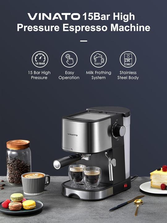 Produktbild Vinato Espressomaschine mit Milchschäumer, 15 Bar Druck und schneller Aufheizfunktion