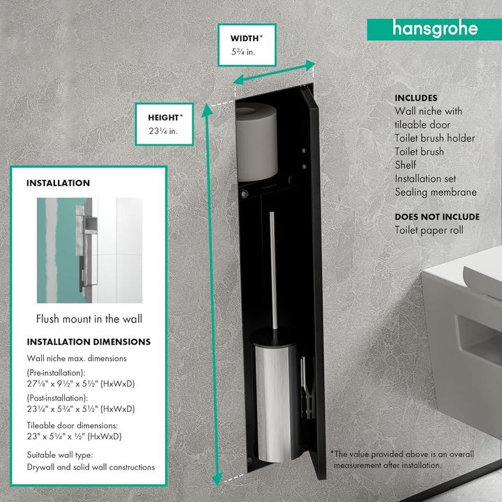 Image du produit hansgrohe XtraStoris Rock Porte-brosse WC, avec tablette, porte carrelable, sans cadre, 145x140x595m