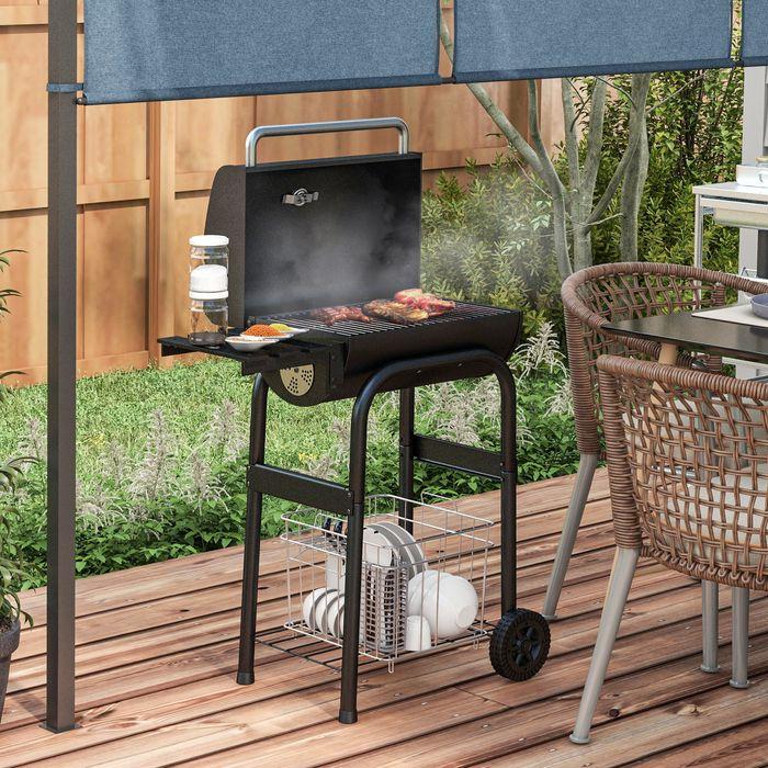 Immagine prodotto Swisshandel24 Carrello per barbecue a carbonella con coperchio, ripiani, ruote, termometro, camino, acciaio inox (21 cm)