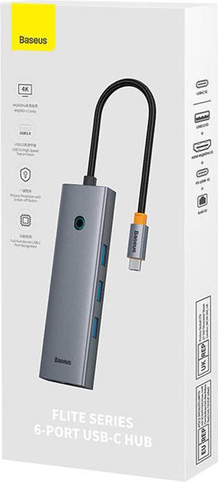 Actual product image Baseus Hub 6w1 UltraJoy 6-Port ( USB-C to 1xHDMI4K@30Hz + 3xUSB 3.0 + 1xPD +RJ45) (USB-C, 6 ports)