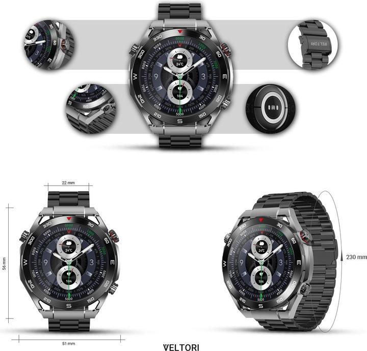 Actual product image Gino Rossi Veltori VT100-1 Smartwatch + schwarzes Silikonarmband + schwarzes Öko-Leder