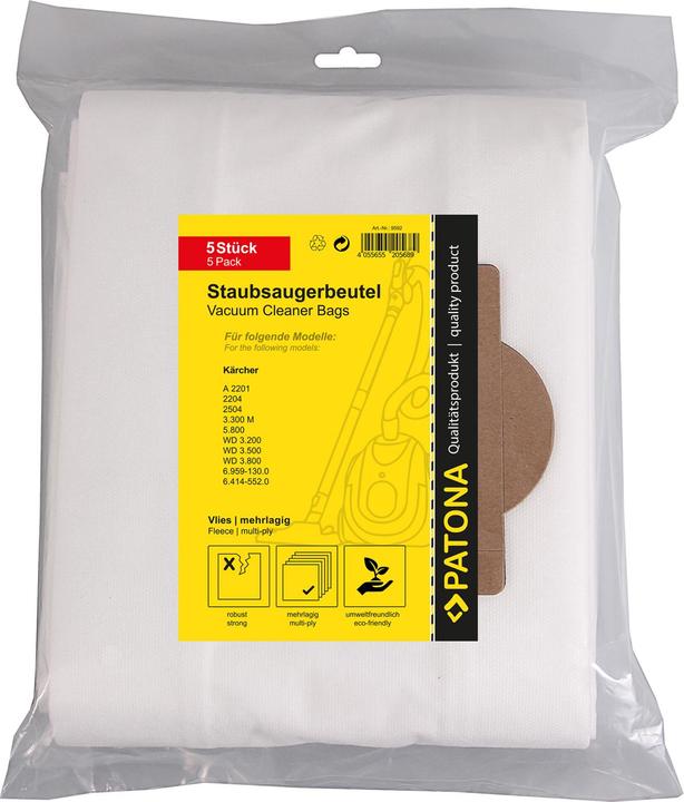 Actual product image Patona 5 hoover bags multi-layer fleece for Kärcher A 2201 2204 2504 3.300M 5.800 WD 3.200 3.500 (5x)