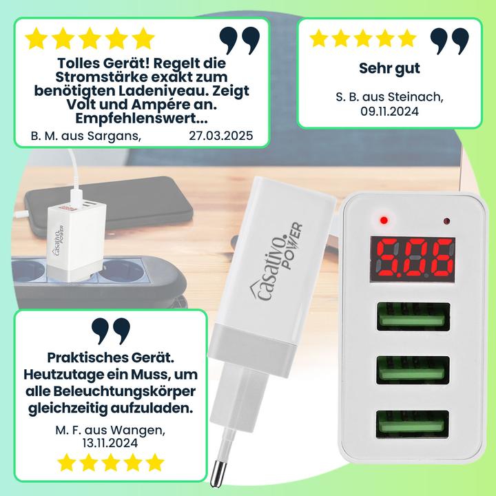 Image du produit Casativo Lot de 2 chargeurs multi-ports avec 3 ports USB & écran LED, 5 V / 2,4 A chacun (15.50 W, 3 ports)