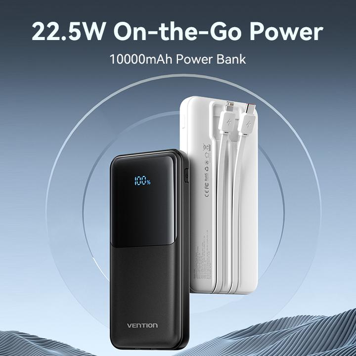 Produktbild Vention 10000mAh Power Bank (Micro-USB + USB-C + USB-A + USB-A) with Built-in USB-C and Lightning Cables 22. (10000 mAh, 22.50 W, 22.50 Wh)