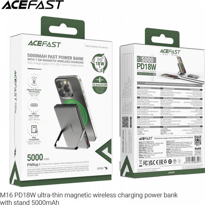 Actual product image Acefast - Magnetic Power Bank (M16-5000) - with Built-in Stand, 5000mAh, PD18W, LED Light - Black (5000 mAh, 18 W)